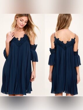 Lulus NWT Pleated Crochet Lace Cold Shoulder Mini Dress Navy Blue Size M